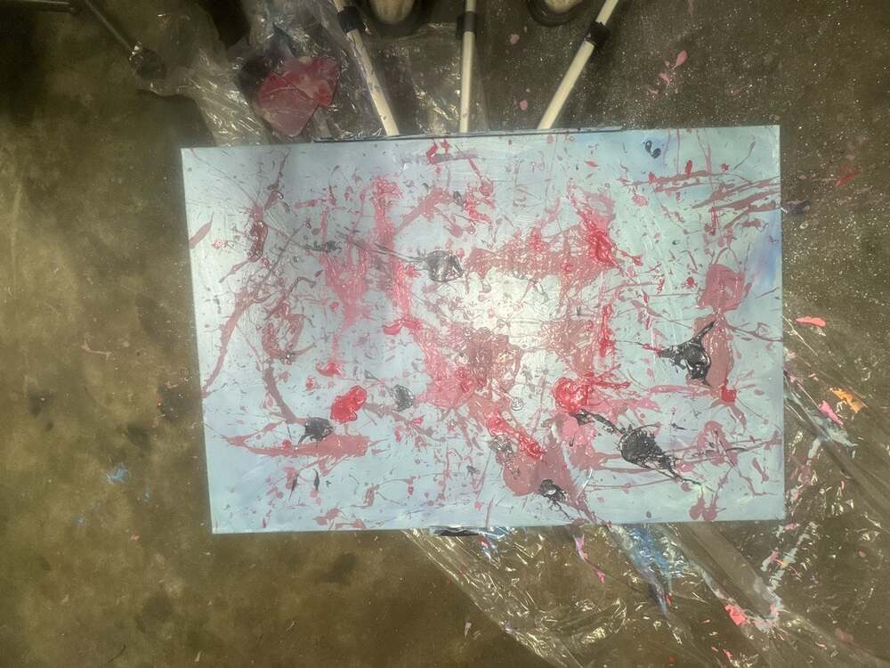 Abstract piece “Battered” by Christy on canvas 24 x 36.